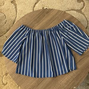 Women’s Off the Shoulder Blue and White Striped Shirt in Size Small